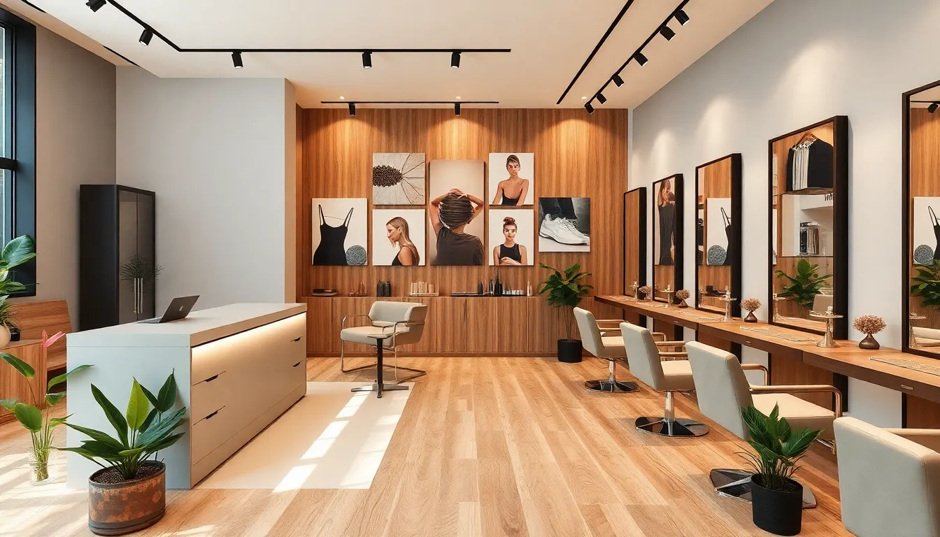 modern salon interior with stylish design elements and mood boards.
