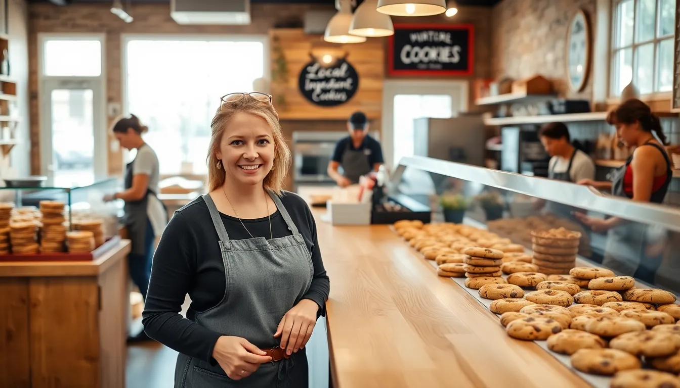 Mary in her inviting bakery, showcasing a variety of freshly baked cookies.