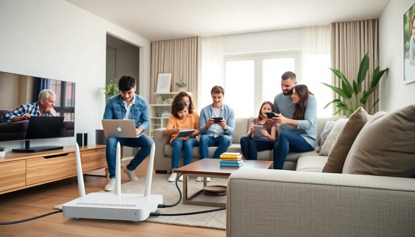 family using devices in a modern living room with home network setup.