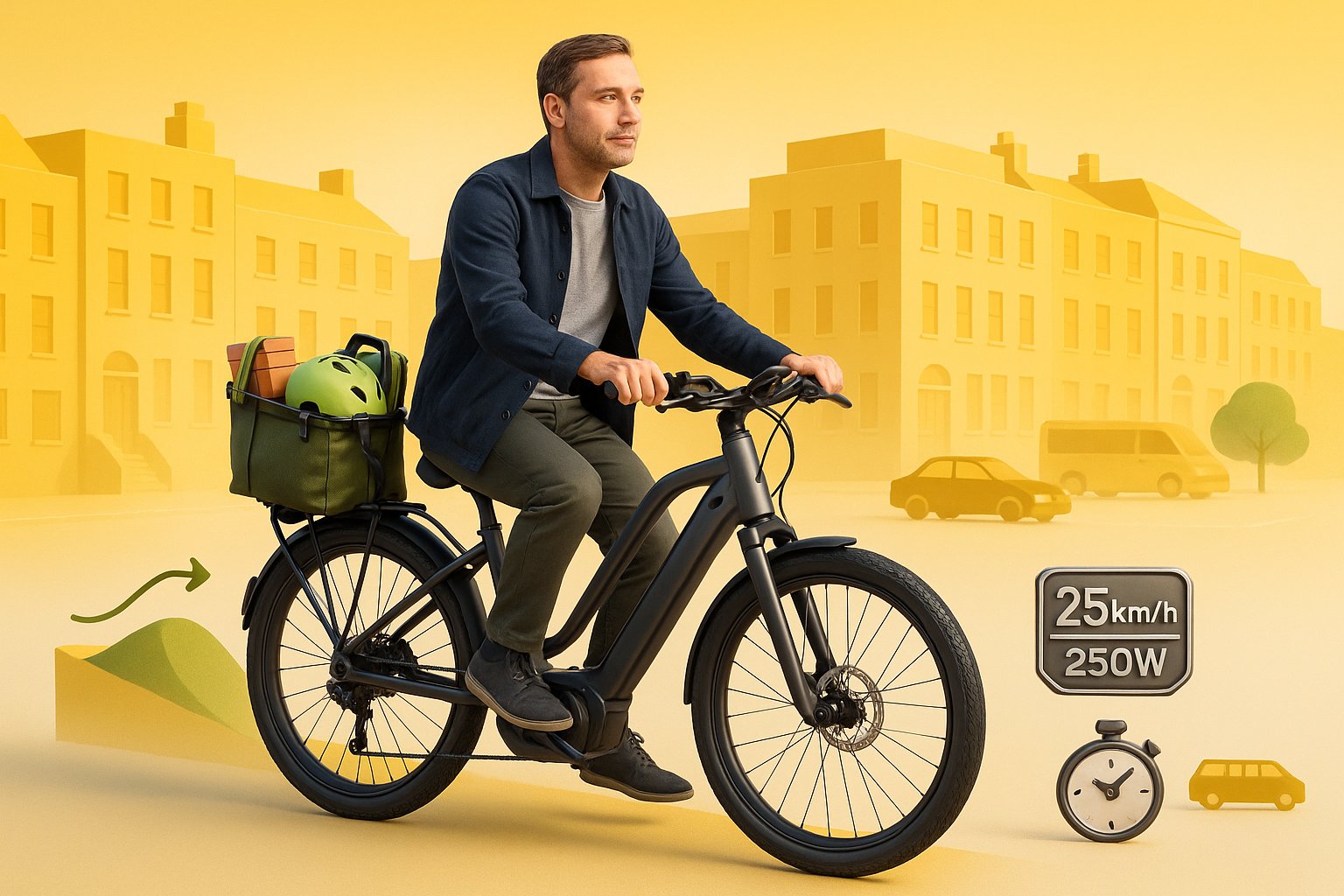 3D render of an e-bike and rider climbing a hill with Dublin backdrop.