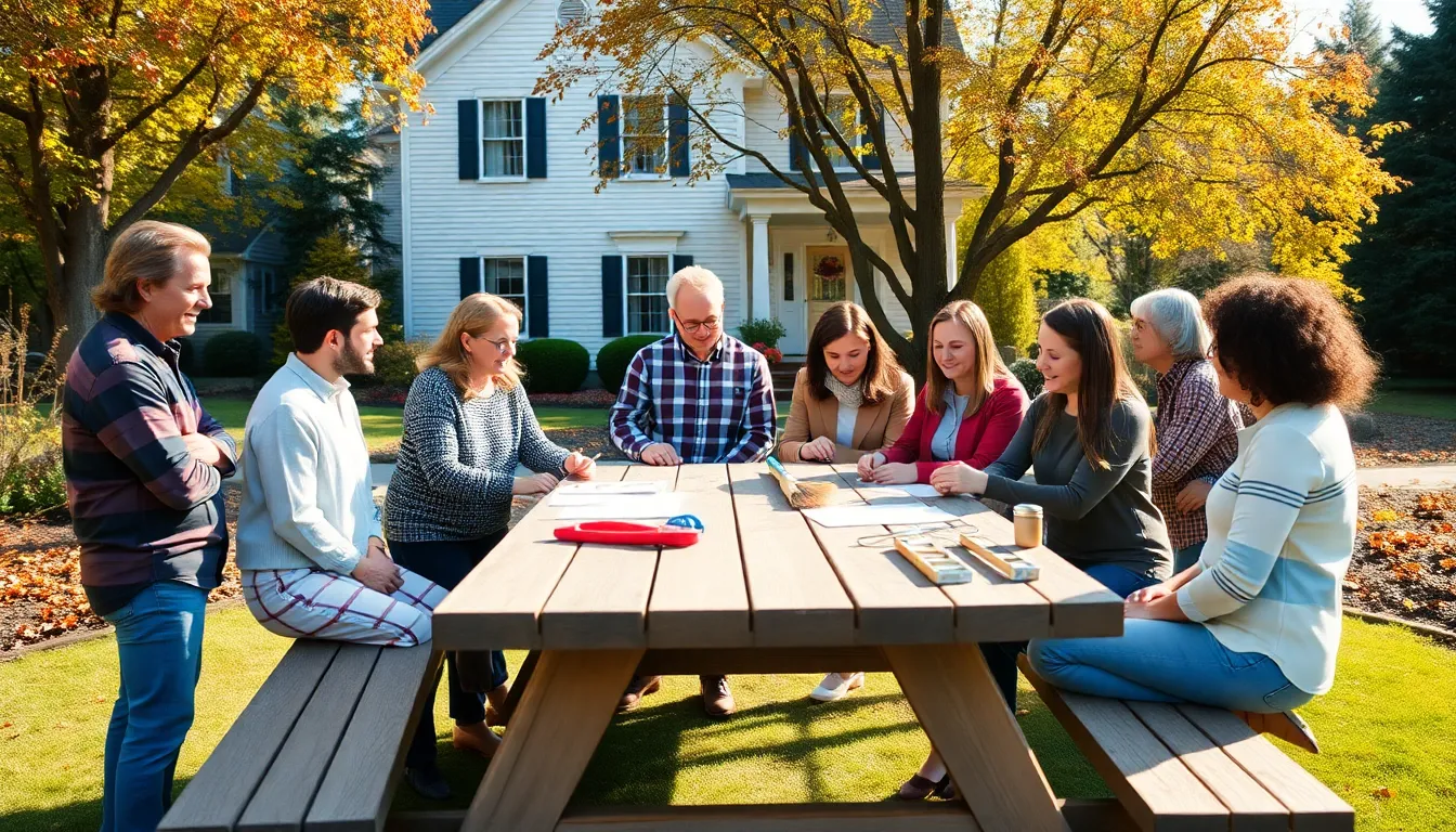 Homeowners discussing fall maintenance tasks in a garden.