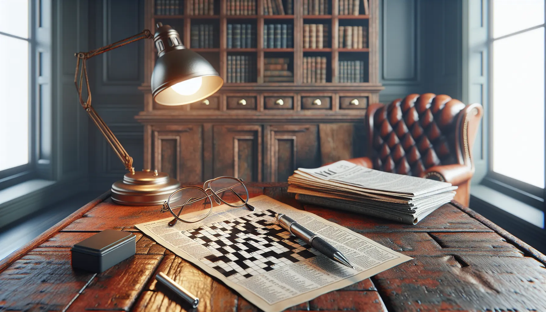 Partially filled crossword puzzle on a wooden table with glasses and a pen.
