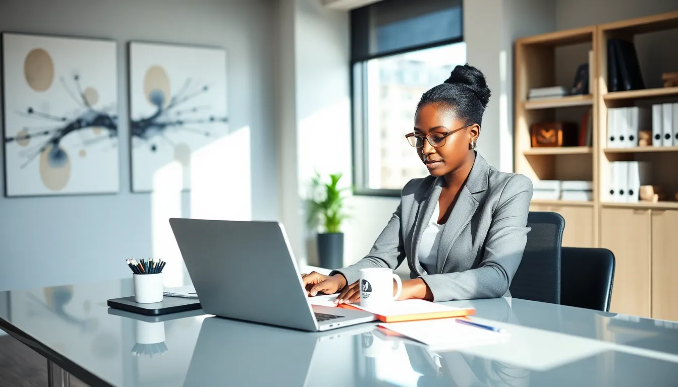 professional woman drafting an email in a modern office.