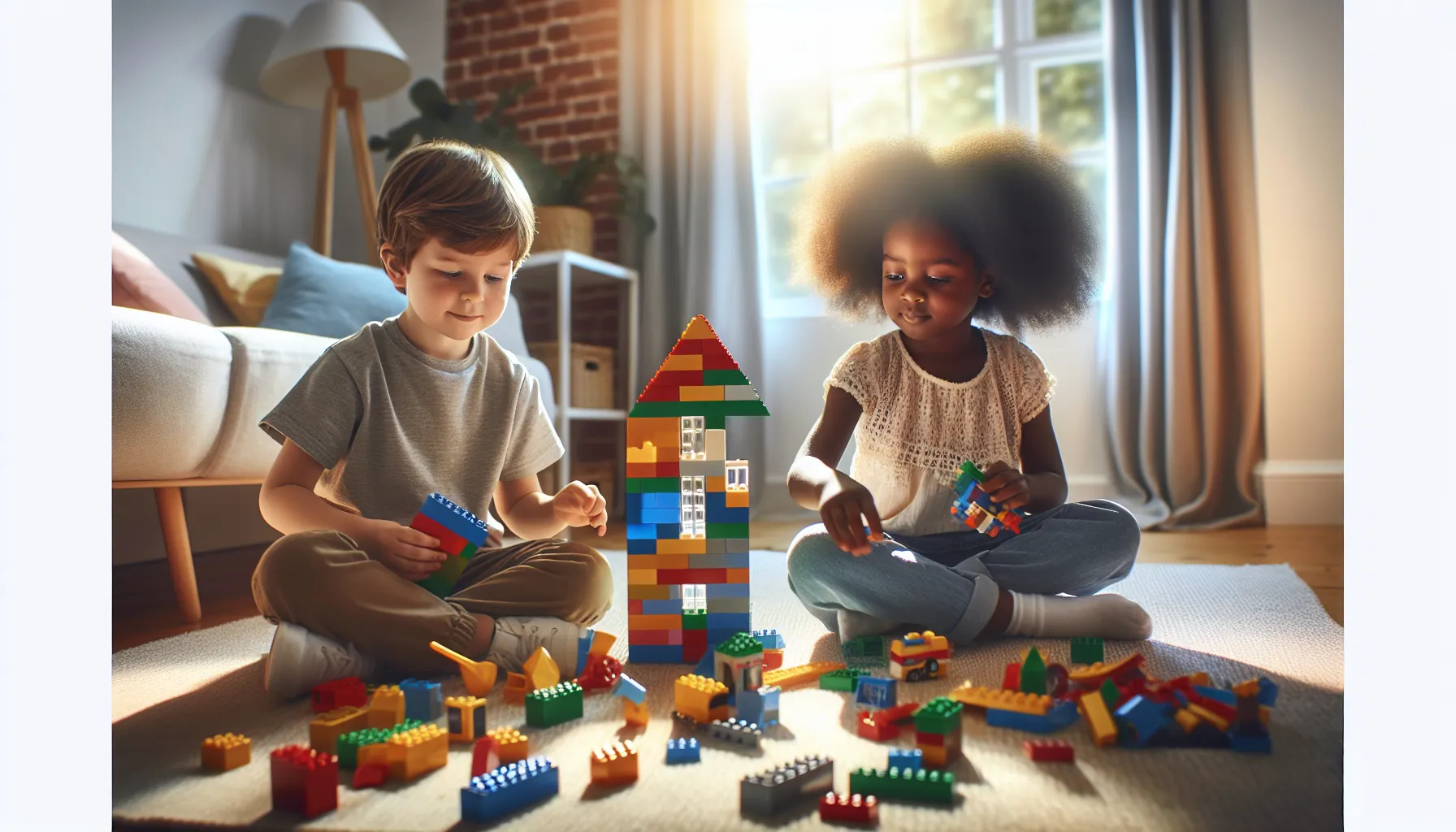 Children building structures with LEGO and DUPLO in a playroom.