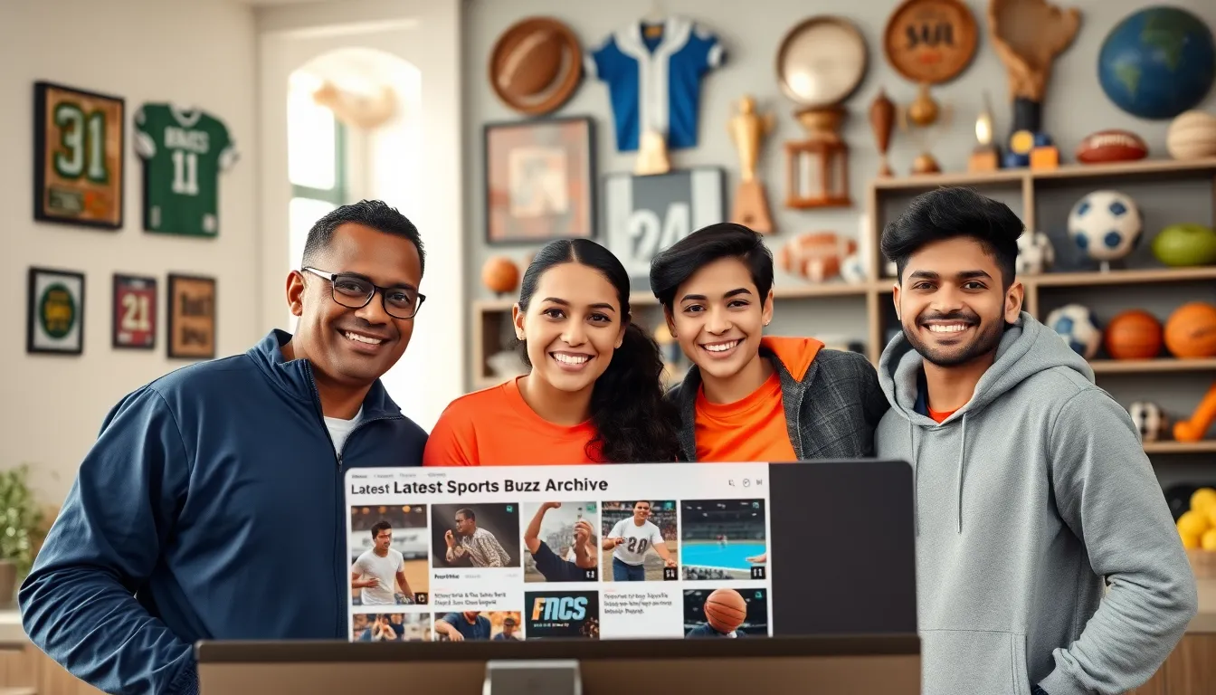 three sports fans exploring the Latest Sports Buzz Archive on a computer.