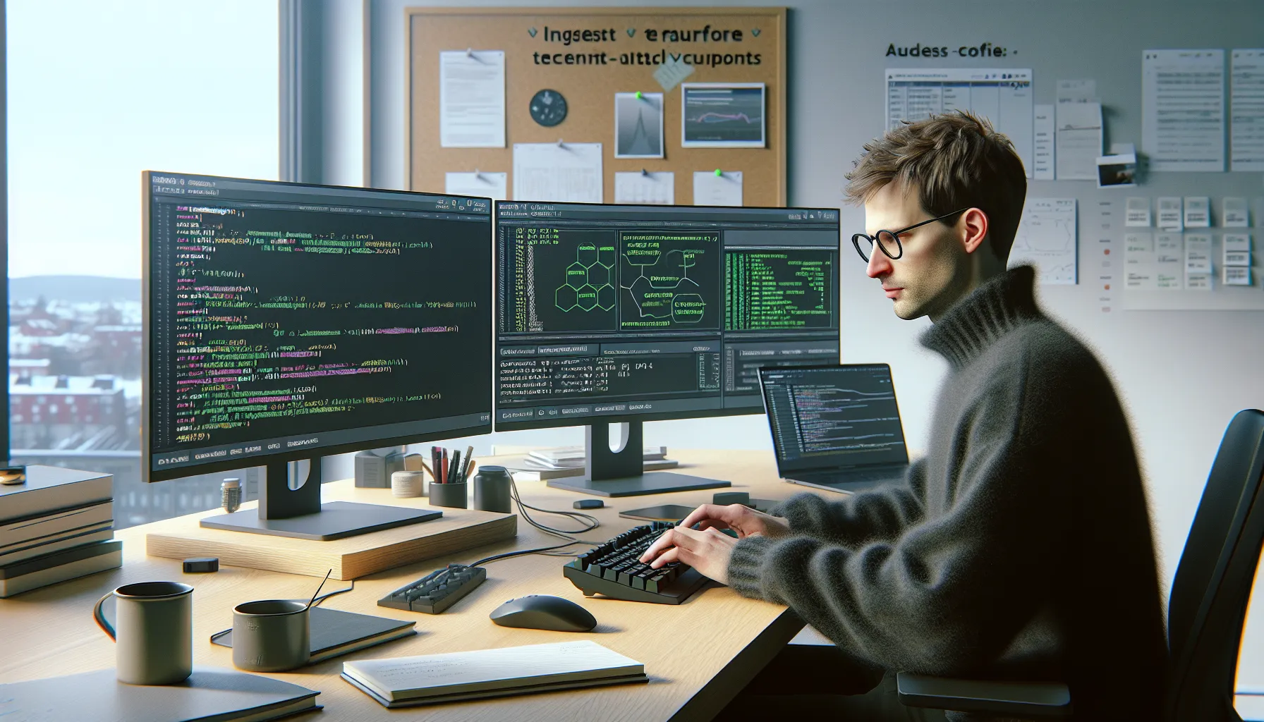 Norwegian data engineer coding pipelines in an oslo office, colleagues in background.