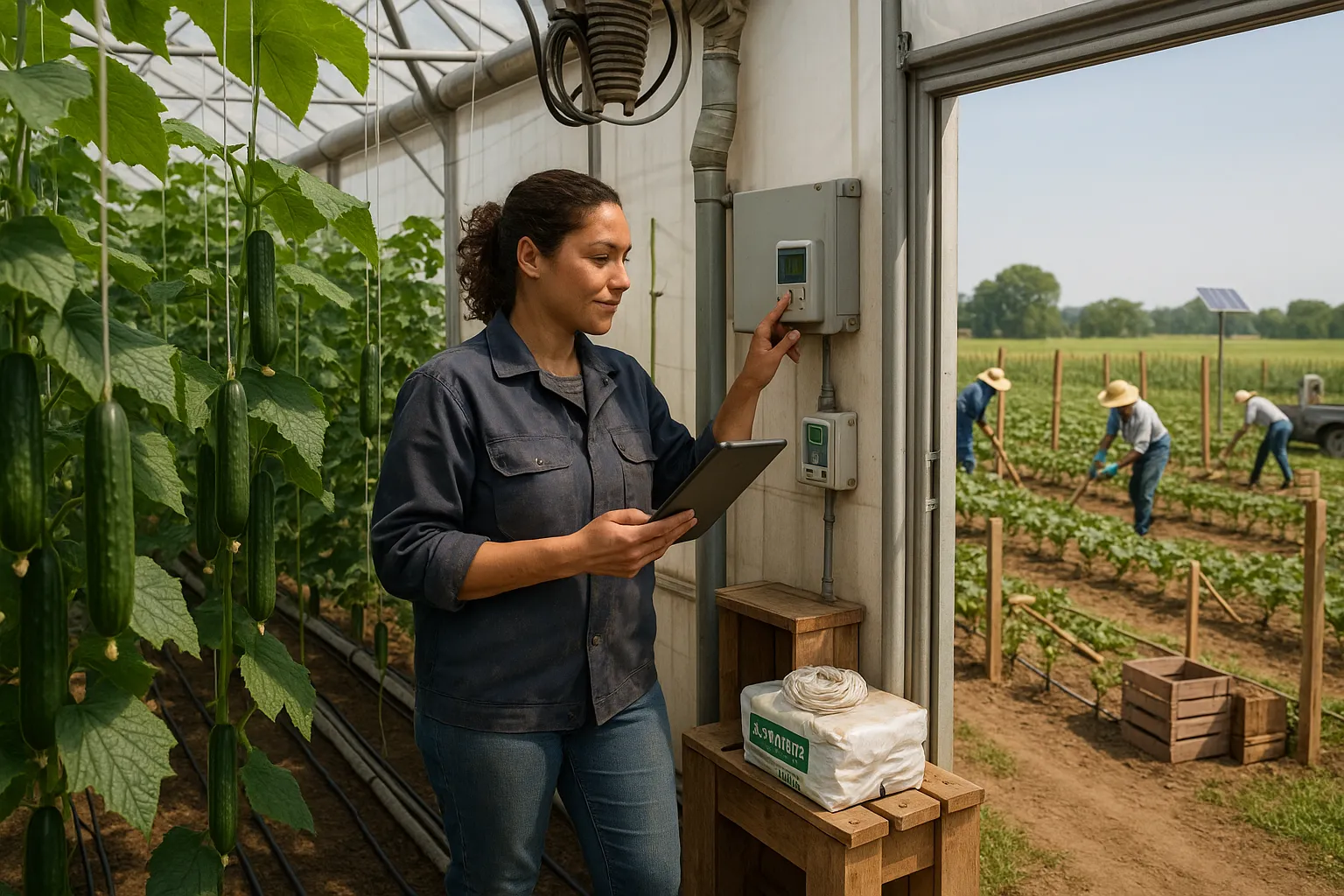 Greenhouse technician adjusting controls with outdoor workers harvesting cucumbers visible outside.