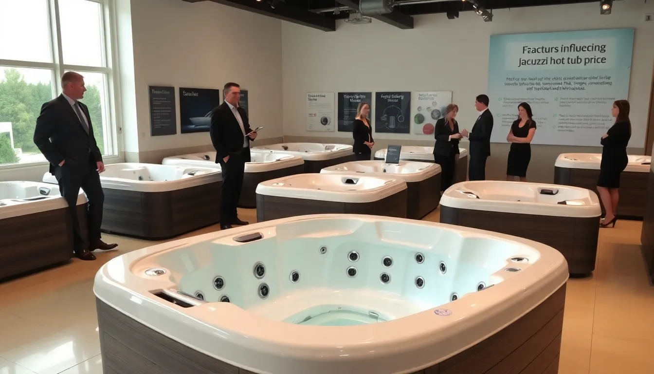 modern showroom showcasing various jacuzzi hot tubs and engaged sales professionals.