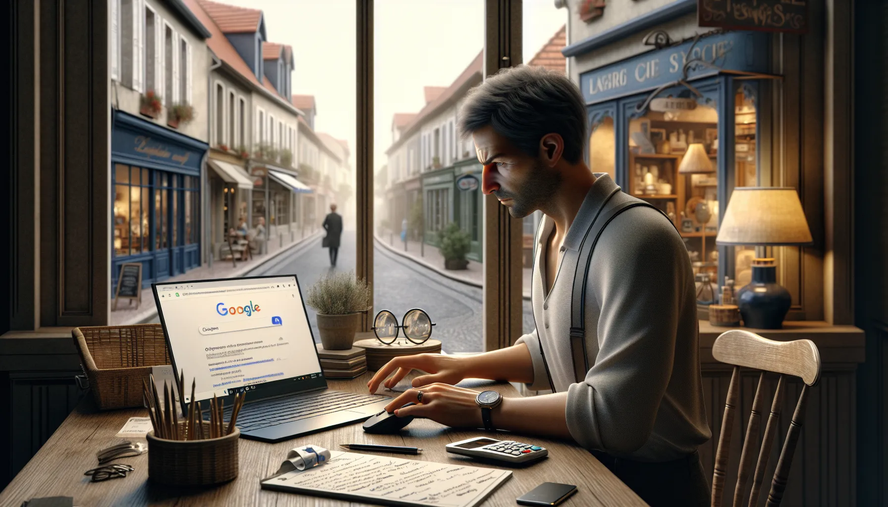 Local shop owner in La Queue-en-Brie checking Google search visibility on laptop.