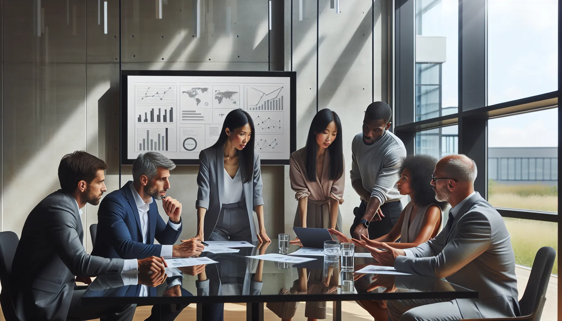 diverse team collaborating on a business plan and pitch deck in a modern office.