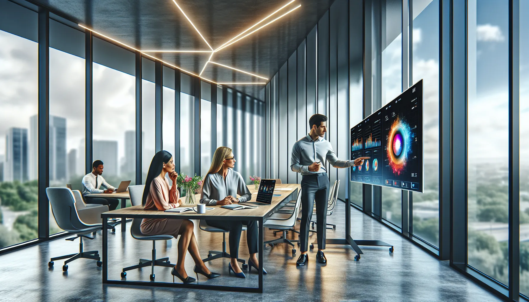 diverse team collaborating in a modern office using project management software.