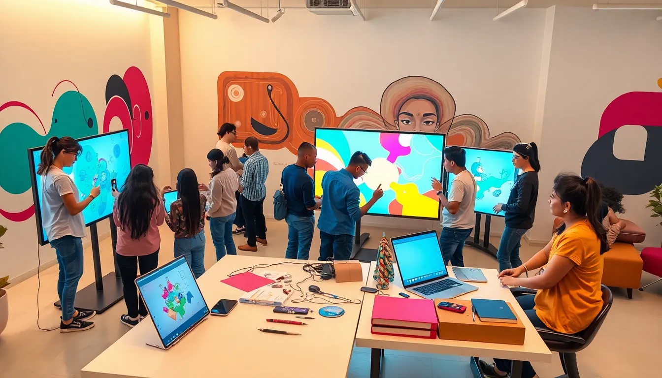 diverse group collaborating in a creative, modern workspace.