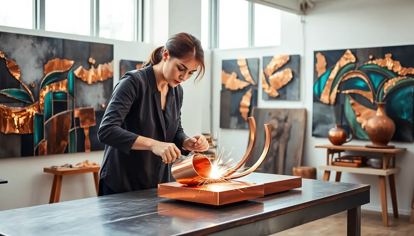 artist creating a copper sculpture in a modern studio.