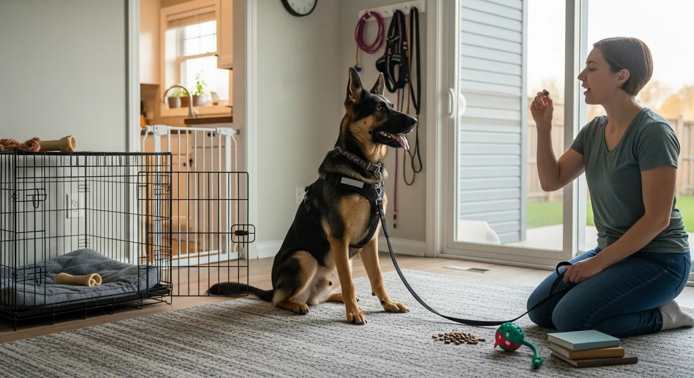 Owner rewards a sitting German Shepherd during home training with treats and leash.