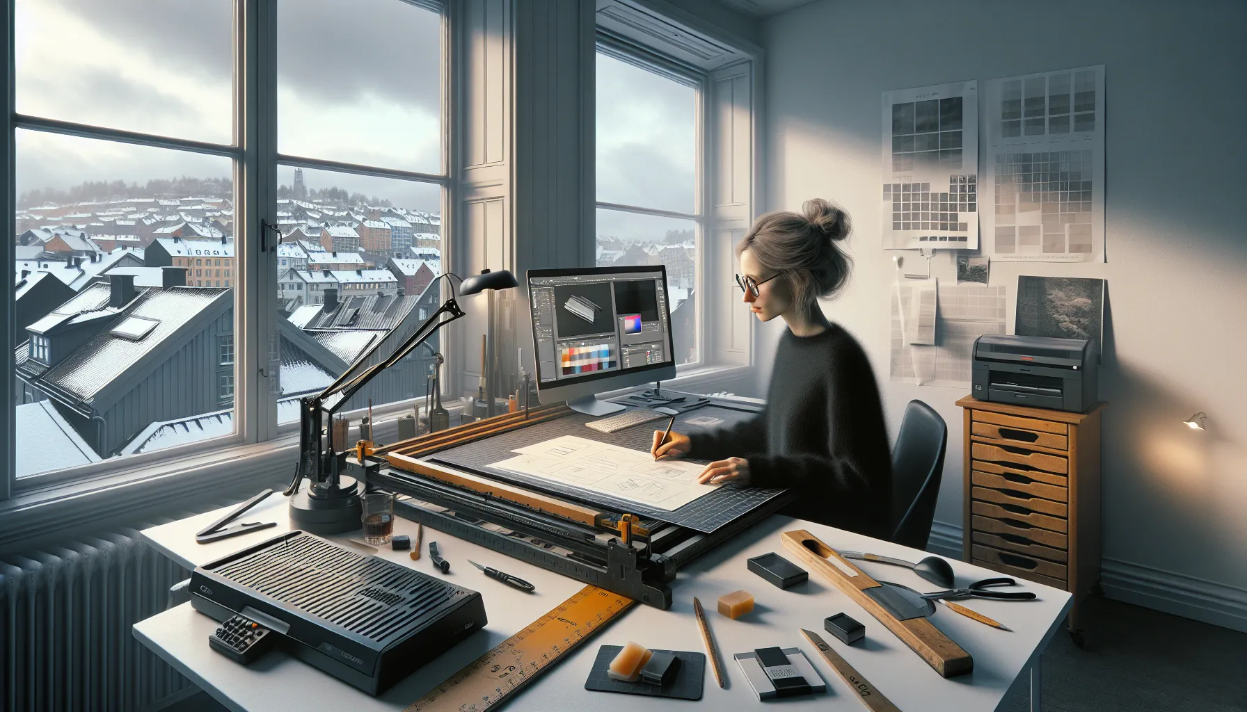 Hvordan teknologi har revolusjonert grafisk design 2 Norwegian designer comparing old layout tools with modern desktop publishing on a computer.