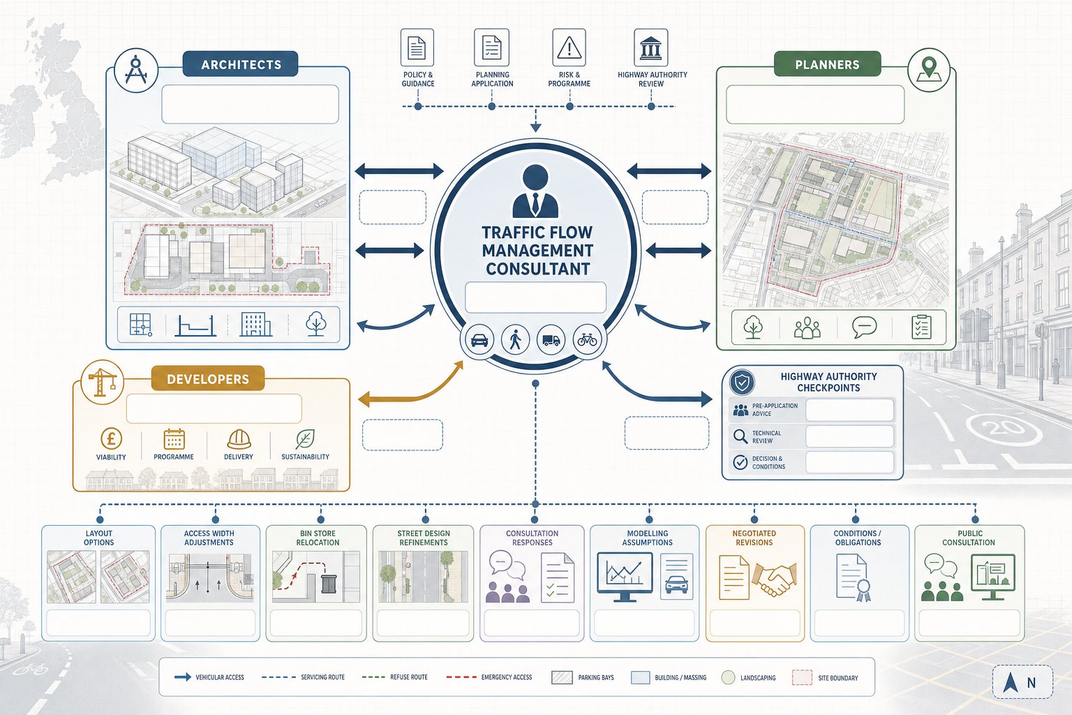 Infographic of consultants coordinating traffic planning with architects, planners, and developers.