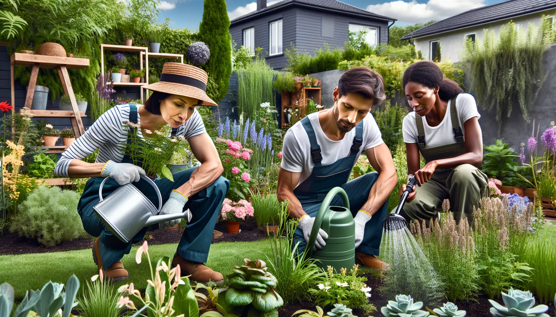 professionals maintaining a thriving garden in a modern backyard setting.