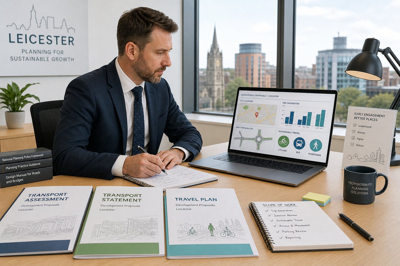 Traffic engineer reviewing transport assessment and travel plan documents in a modern office.