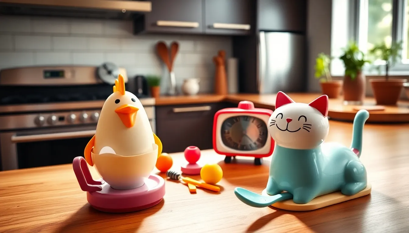 colorful quirky kitchen gadgets arranged on a countertop.