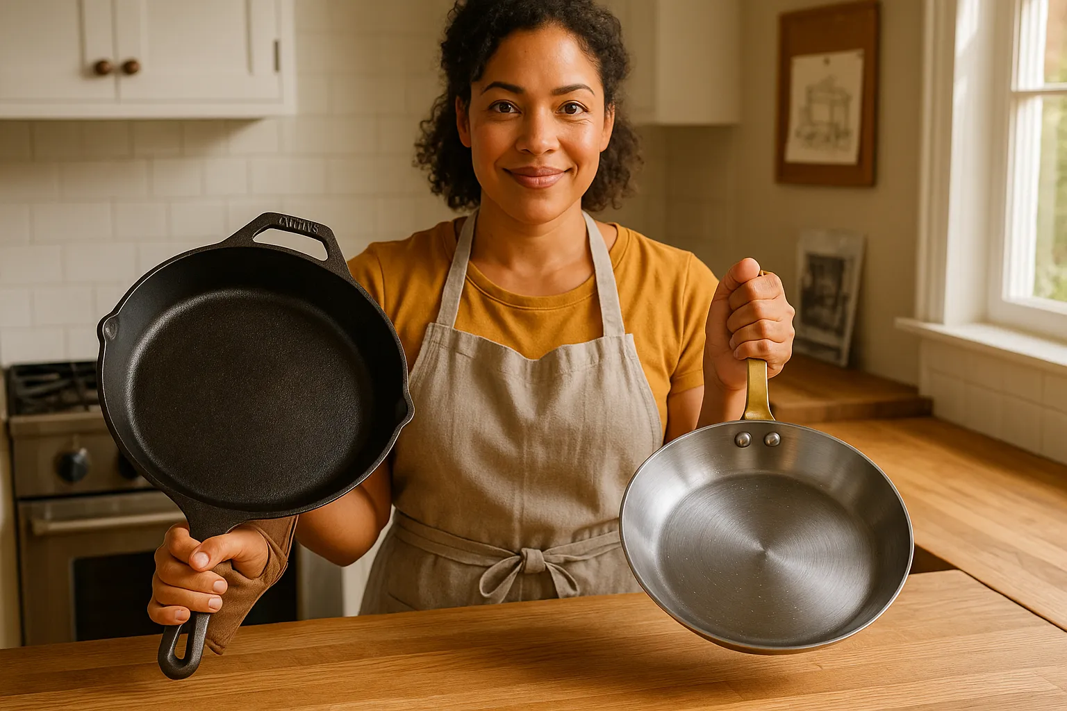 Cook comparing heavy Lodge cast-iron and smooth De Buyer-style carbon steel skillets.