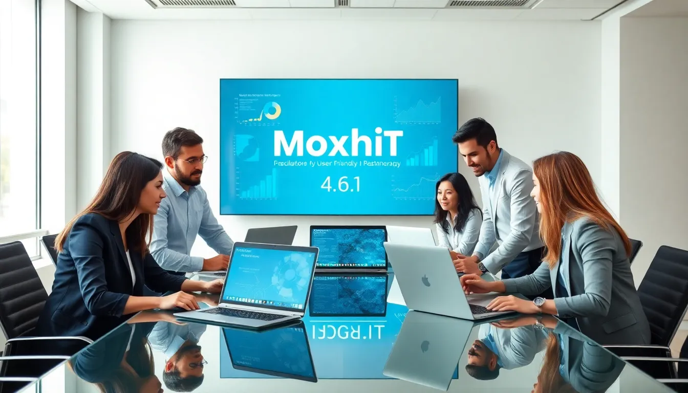 diverse team collaborating on Moxhit 4.6.1 software in a modern office.