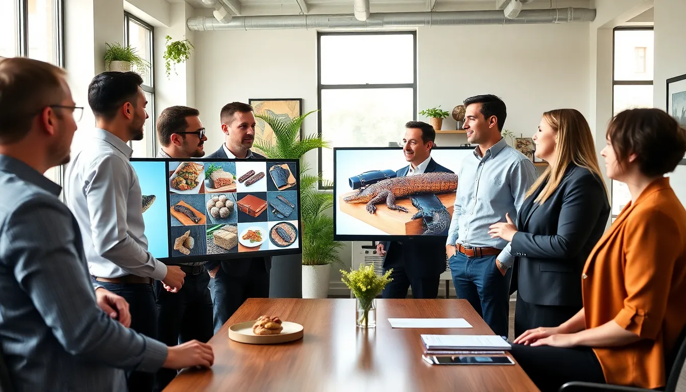 diverse team discussing GatorGross brand in a modern office.