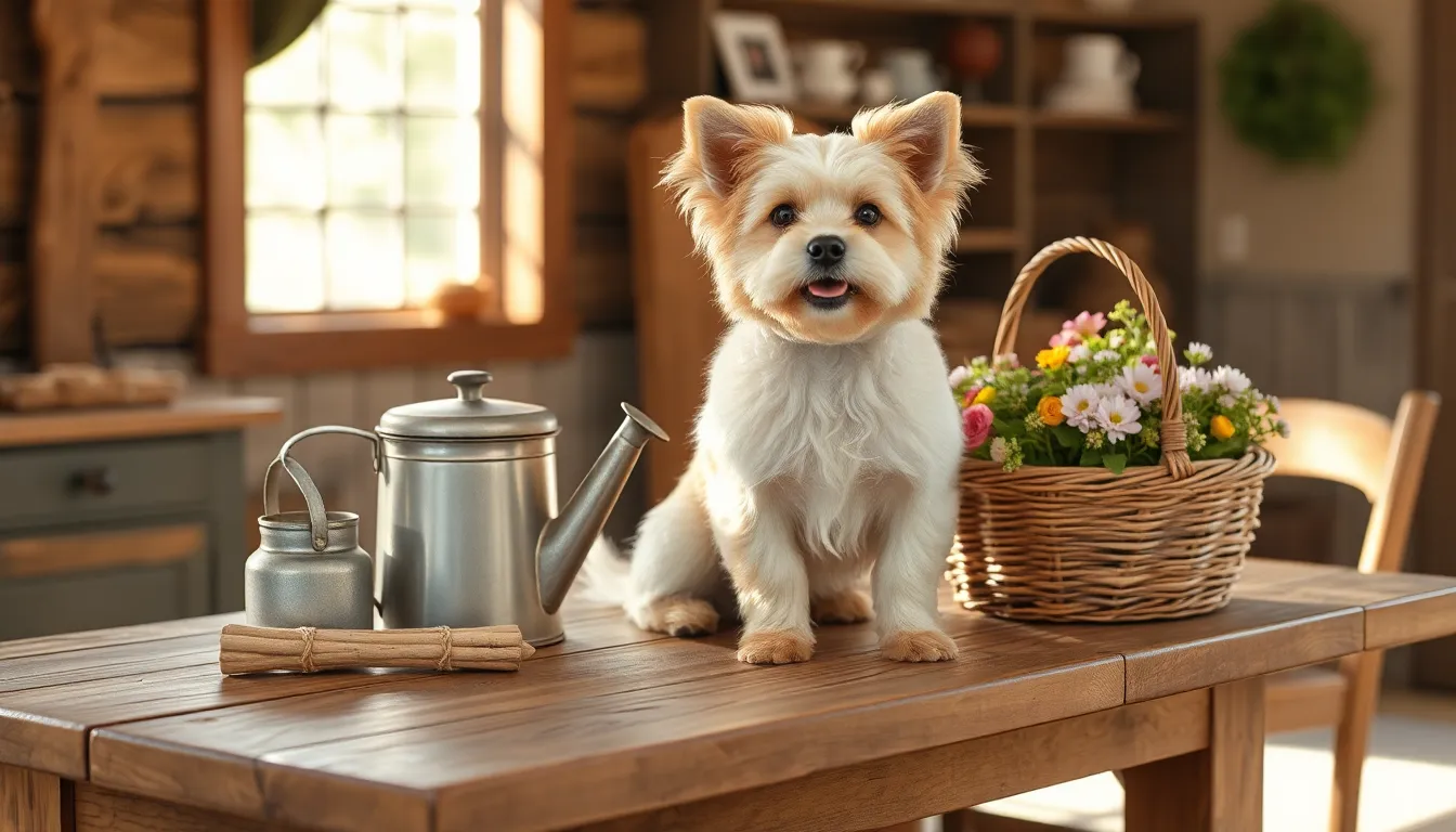 Puppipappi dog on a rustic farm table with vintage tools.