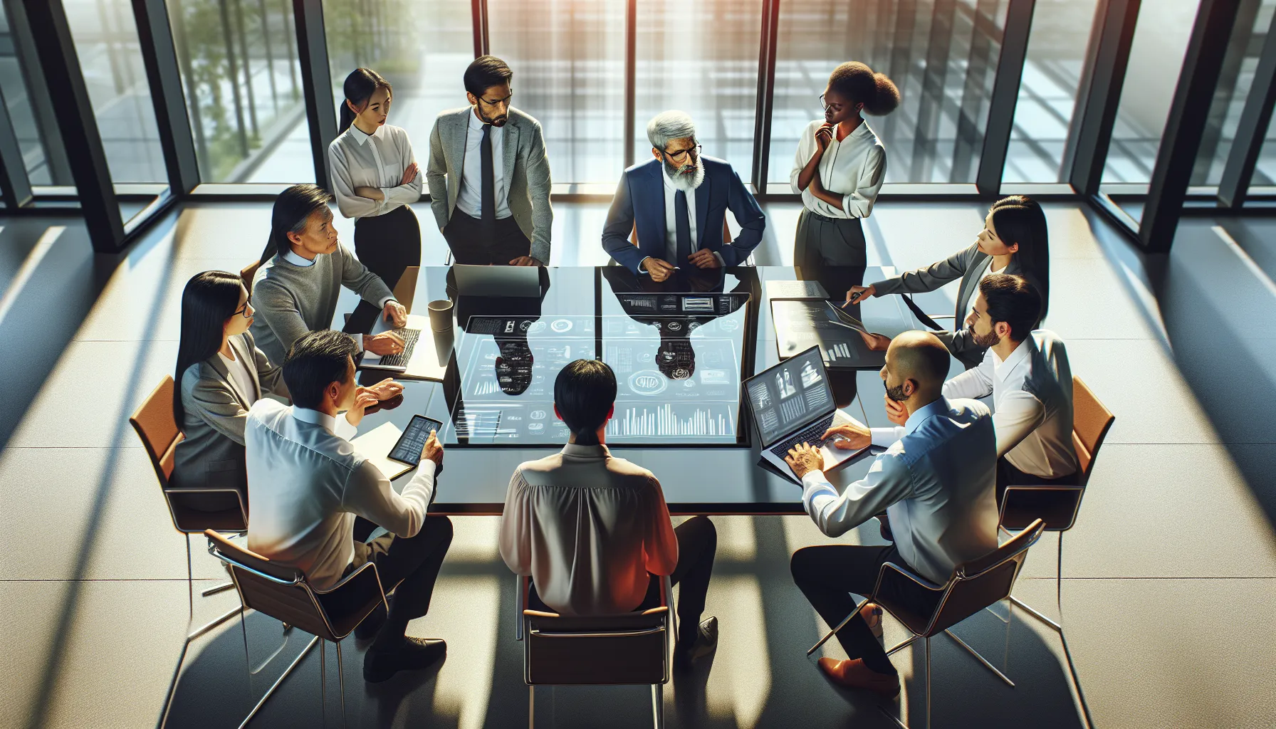 professionals discussing software updates in a modern office.