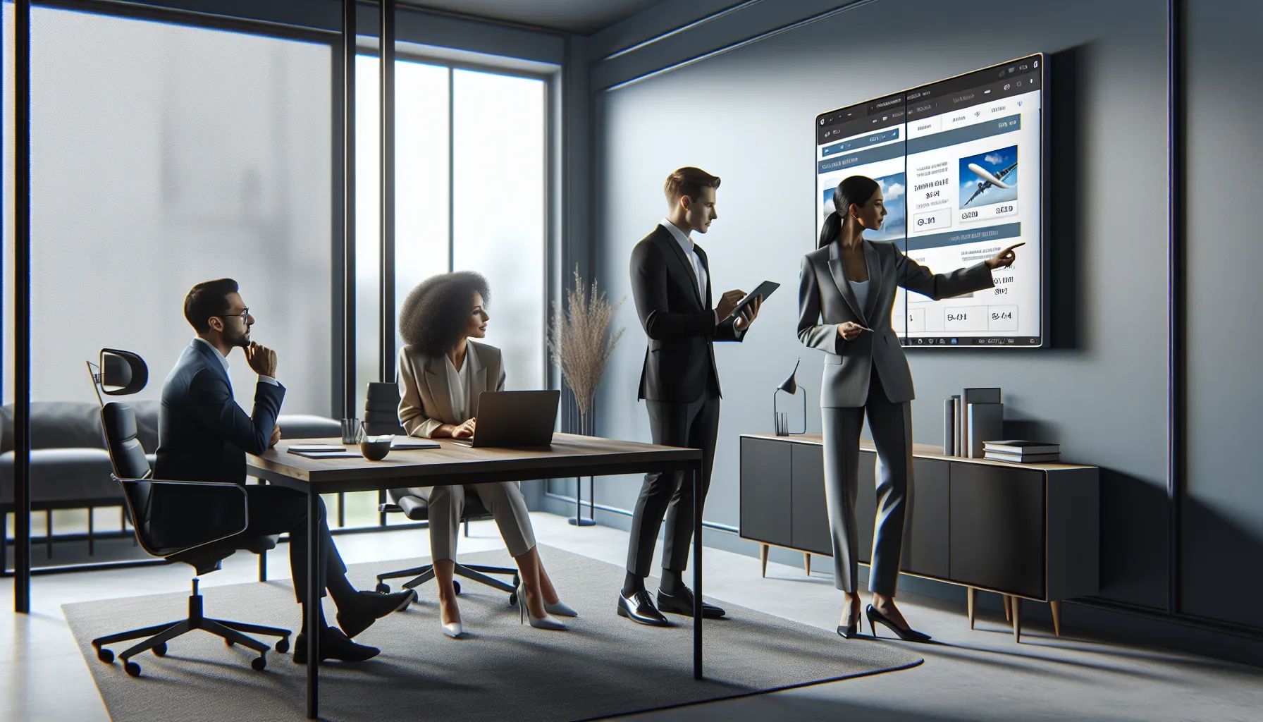 diverse team discussing airline discount codes in a modern office.