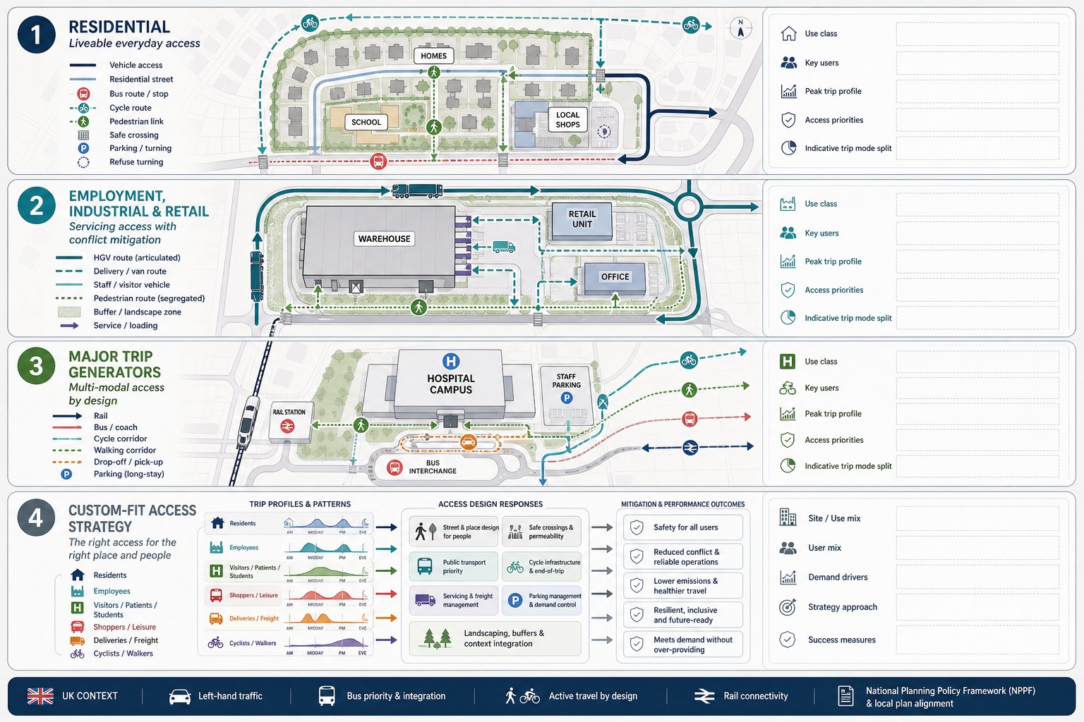 Infographic comparing access planning needs for residential, industrial, and major UK developments.
