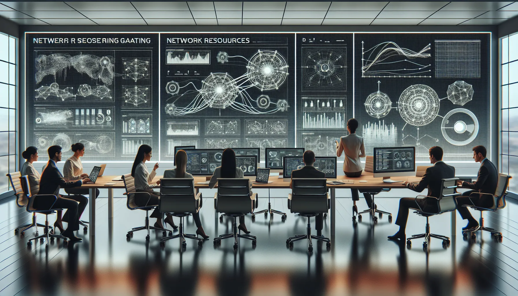 IT professionals collaborating on data flow management in a modern office.