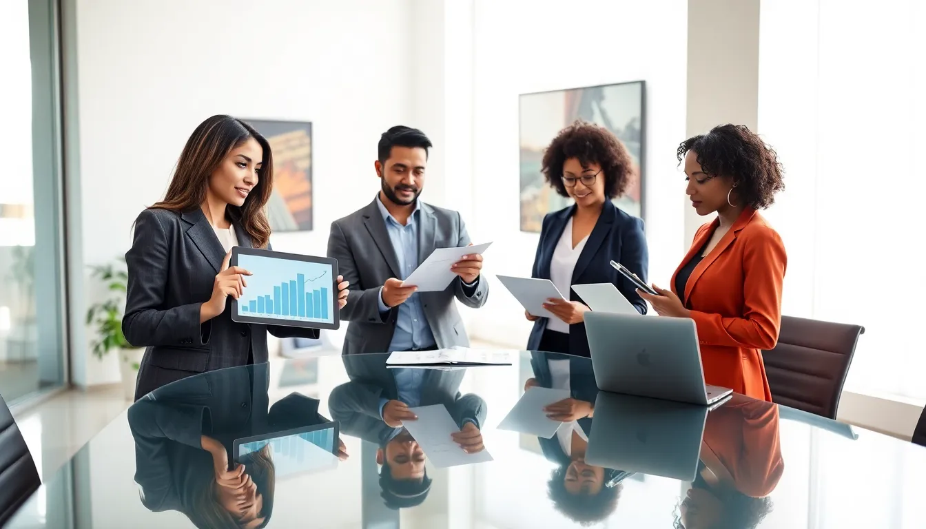 diverse professionals discussing property investment loans in a modern office.