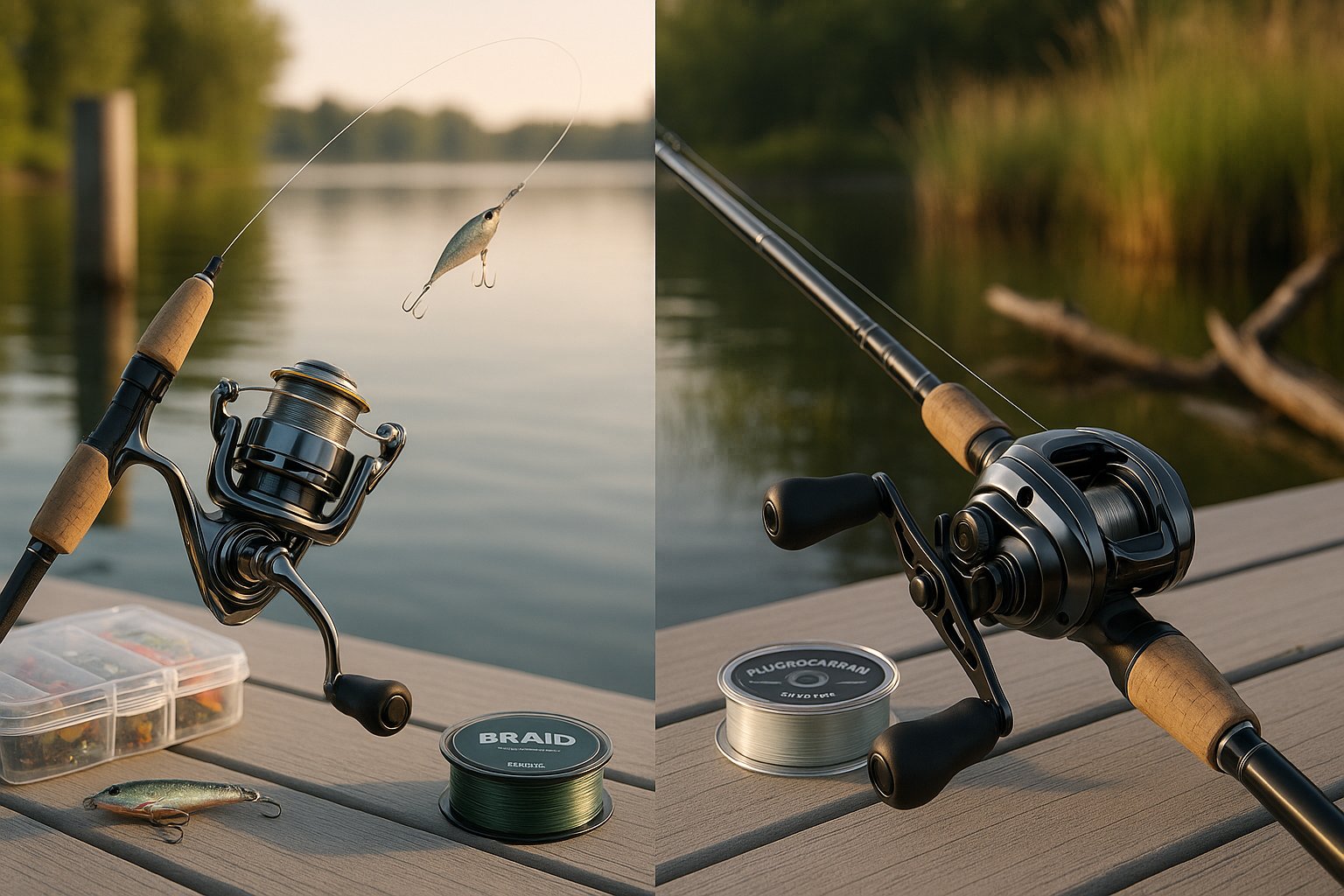 Spinning and baitcasting reels compared on a freshwater dock.