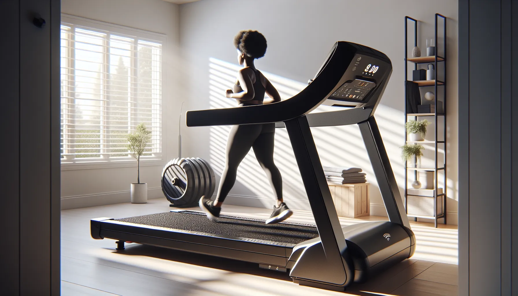 Plus-size woman jogging on a sturdy 400 lb capacity home treadmill.