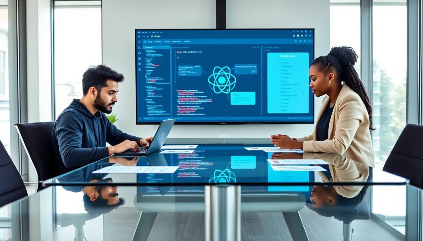 diverse team working on React JS web development projects in a modern office.