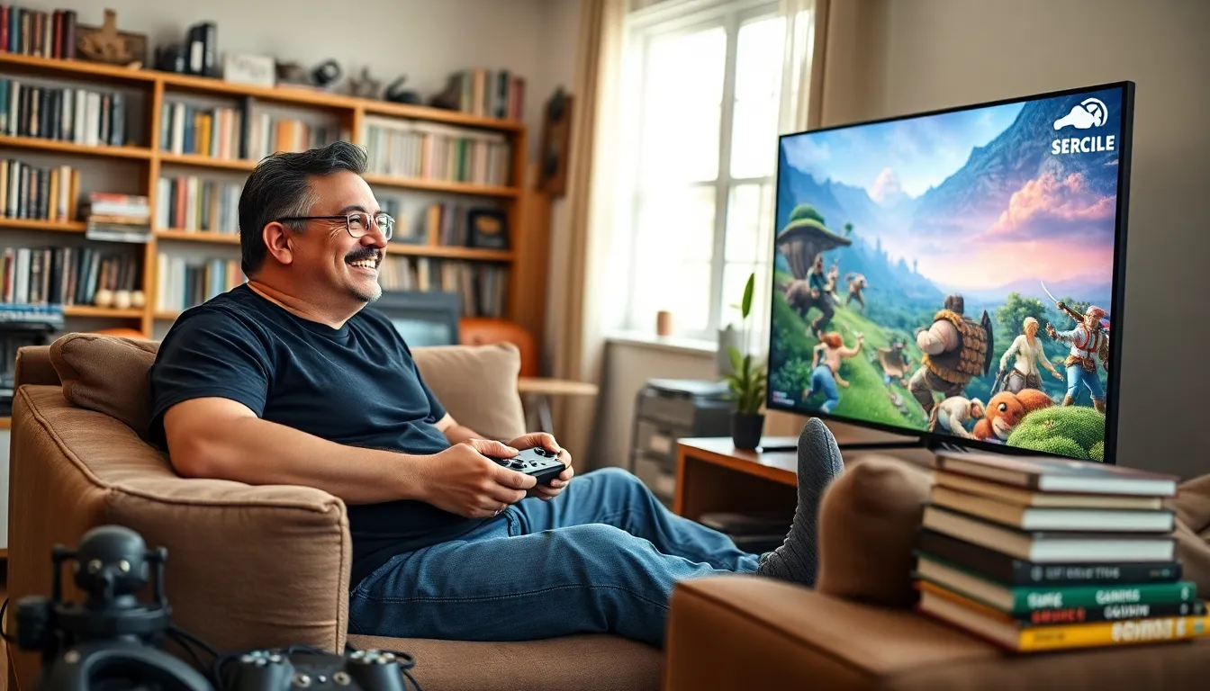 Larry Nando enthusiastically playing a video game in a cozy living room.