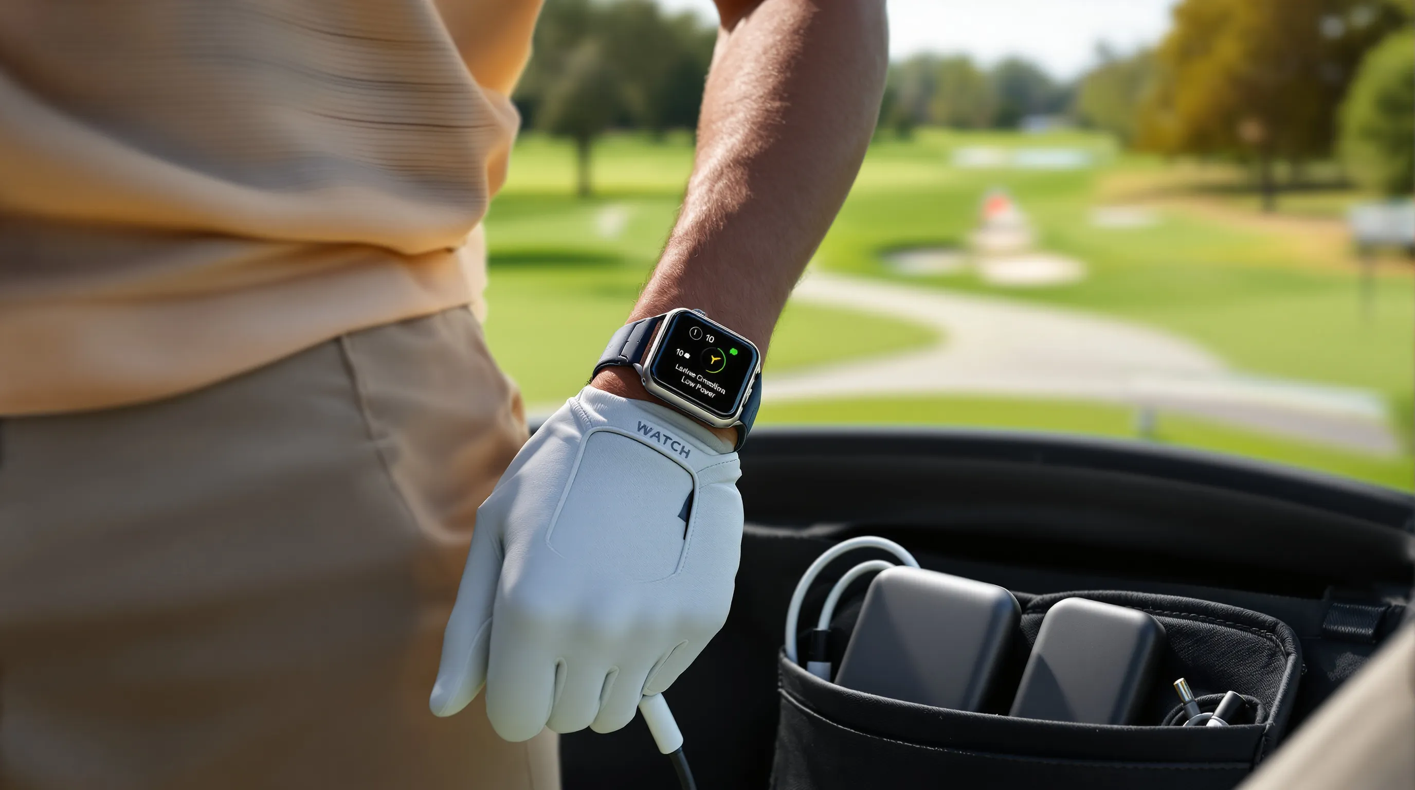 Golfer checks Apple Watch golf GPS; charger and power bank ready at turn.