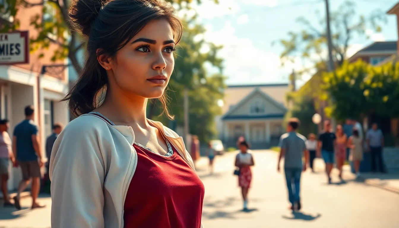 woman in a quaint town, symbolizing themes of redemption and connection.