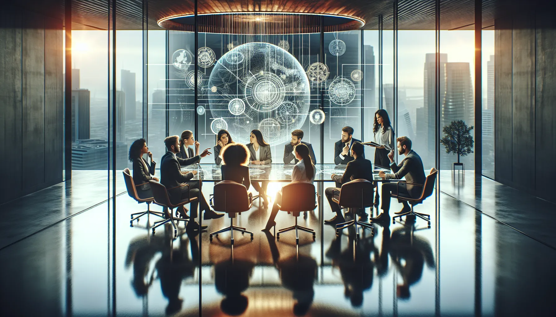 diverse professionals discussing pentachronism in a modern office.