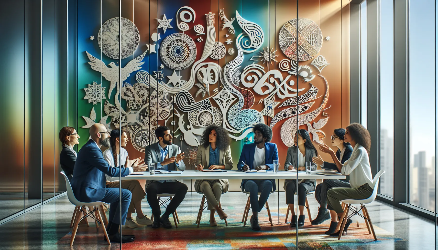 diverse group discussing cultural expressions in a modern office.