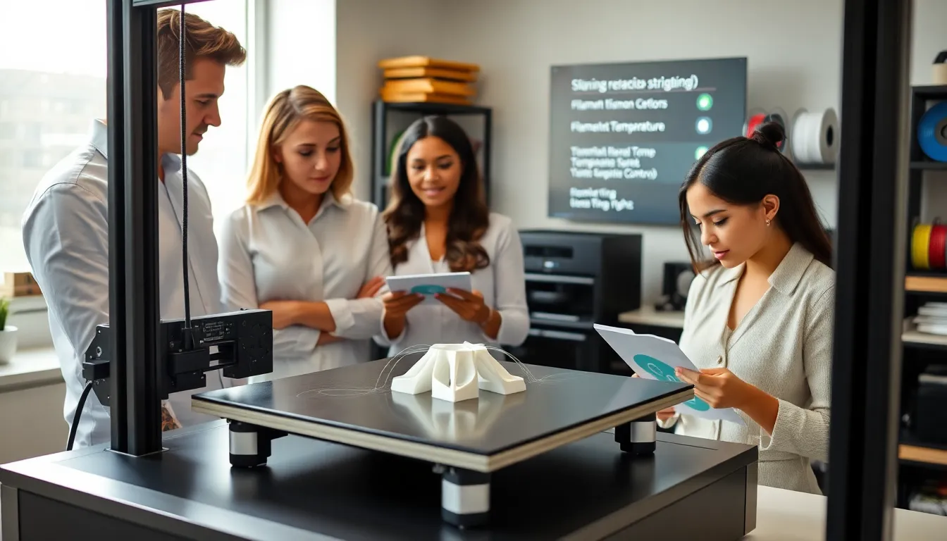 A team troubleshooting 3D printing stringing issues in a professional workspace.