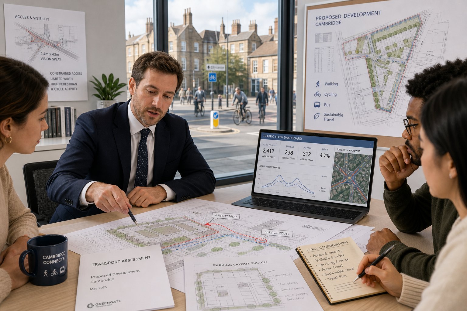 Traffic engineer reviewing development access plans in a modern Cambridge office.