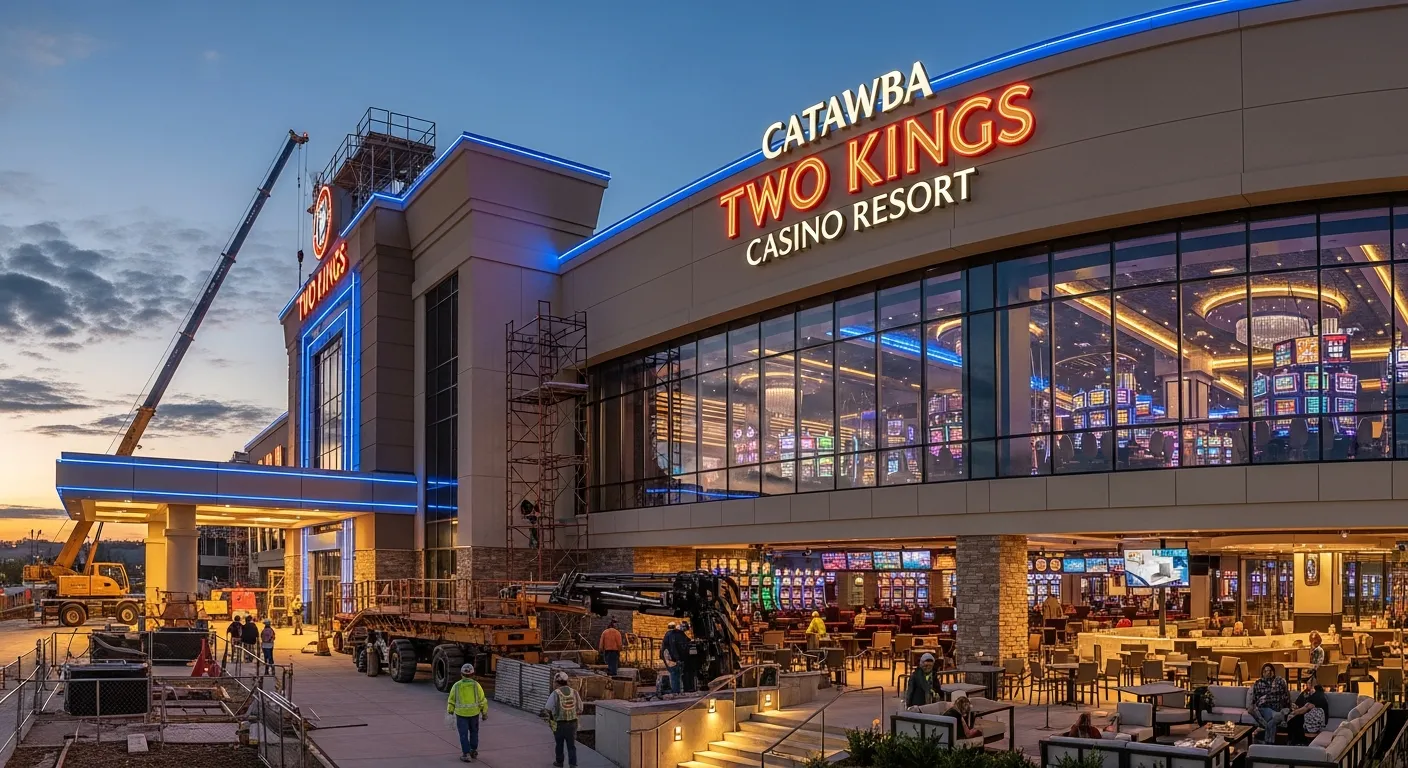 Evening view of Catawba Two Kings Casino Resort expansion with construction and lights.