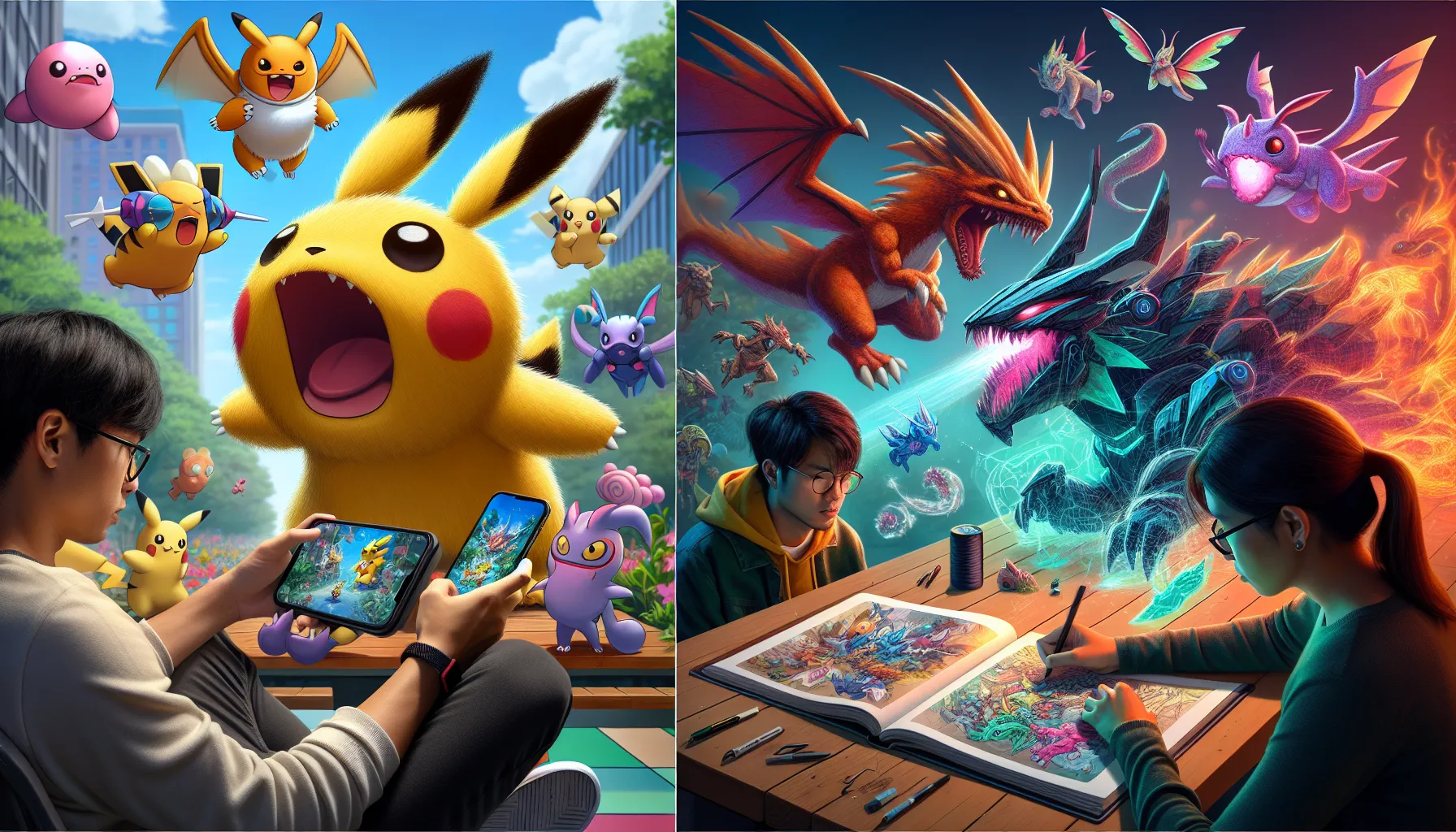 A vibrant comparison of Pokémon and Digimon fandoms and cultural impact.