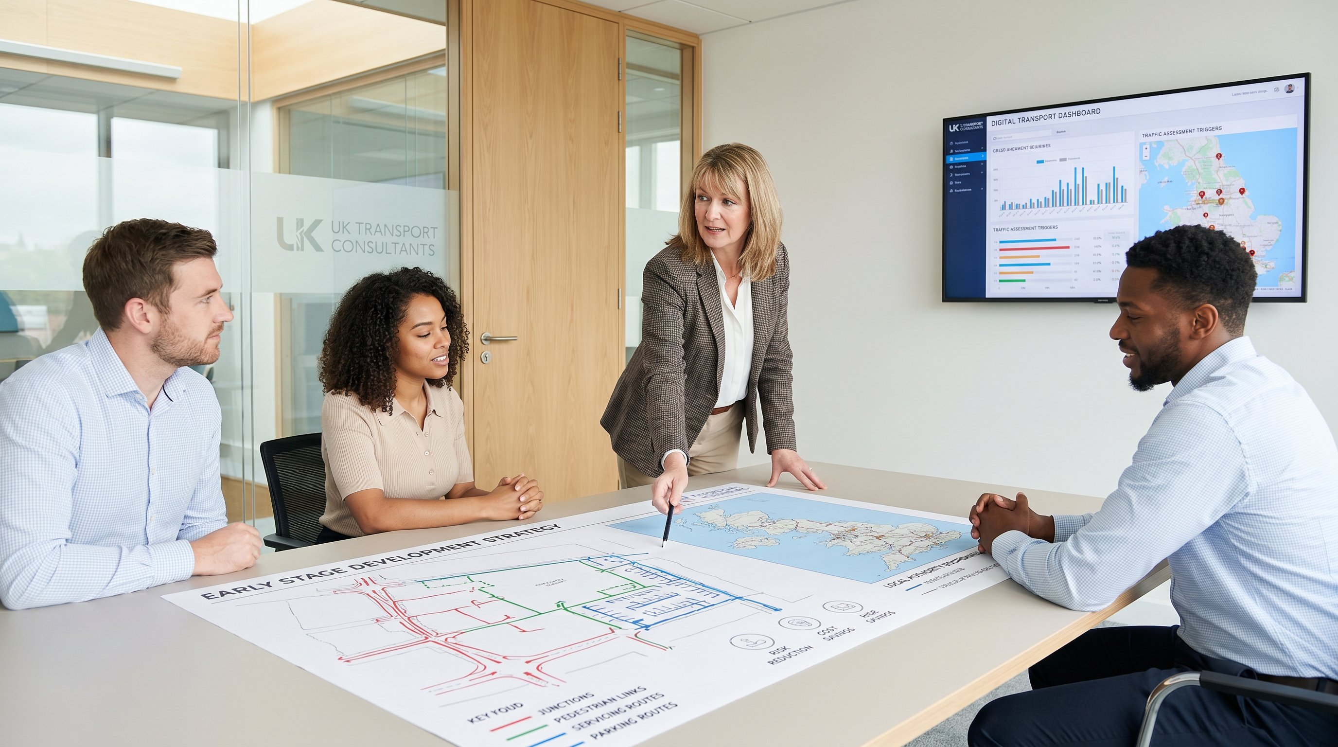 Transport consultant reviewing site access and planning strategy with a professional team.