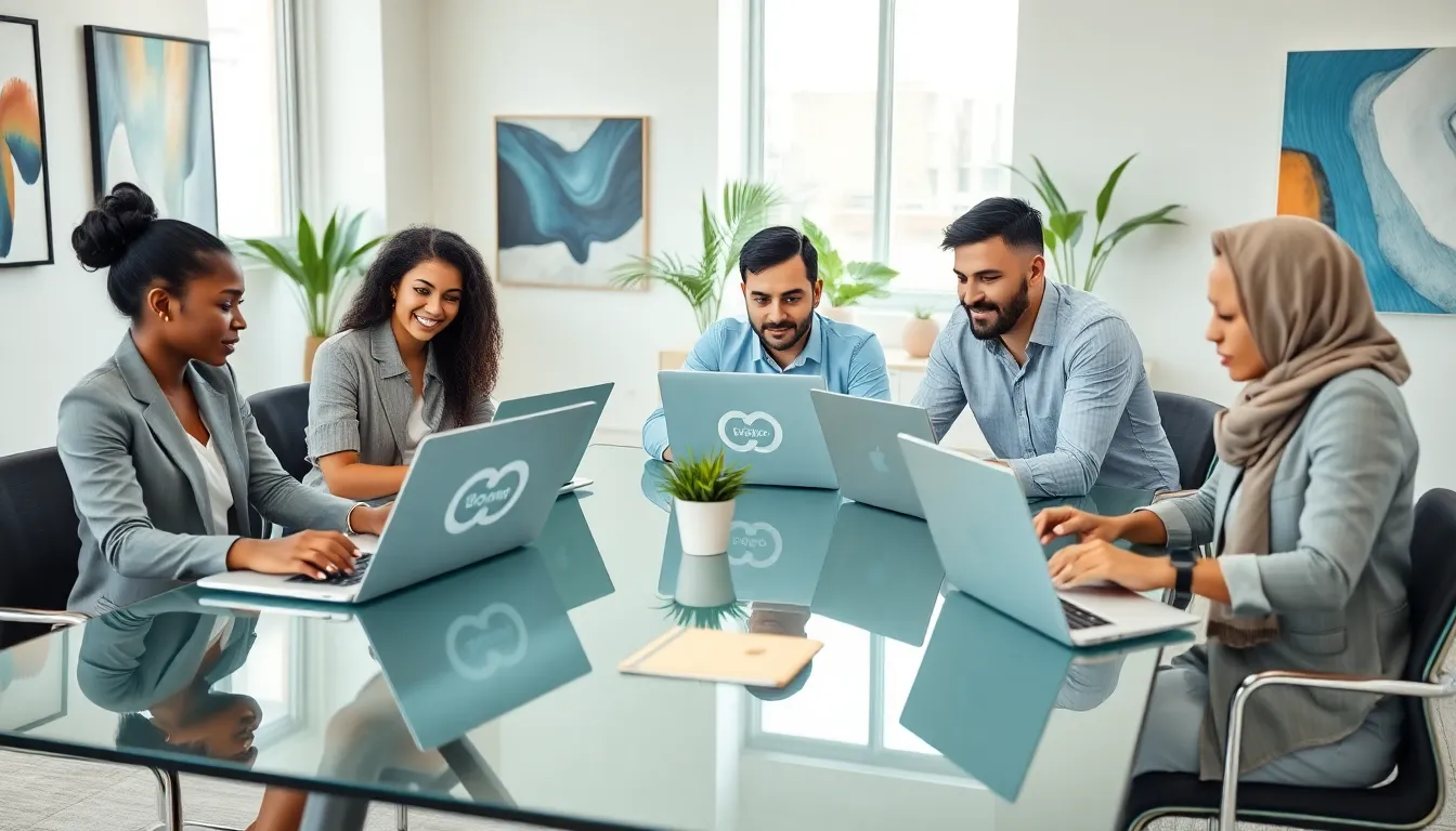 diverse team collaborating on Boxlinux.org in a modern office.