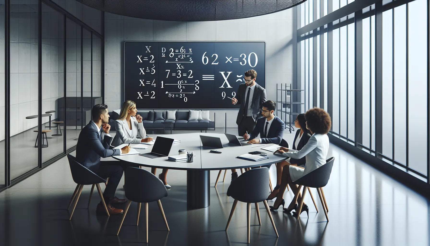 professionals discussing mathematics in a modern classroom setting.