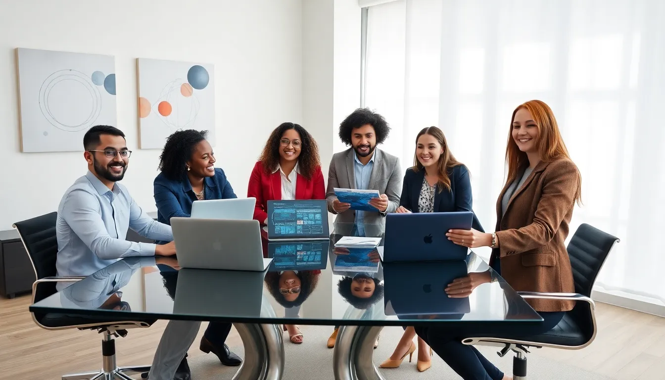 diverse team discussing technology innovation in a modern office.
