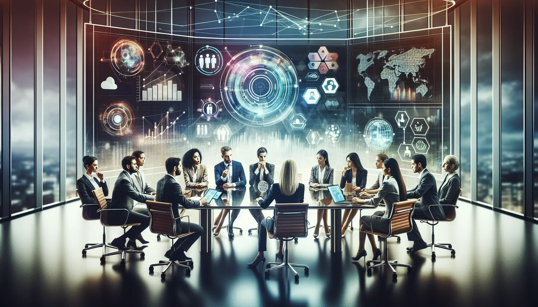 diverse professionals collaborating around a conference table in a modern office.