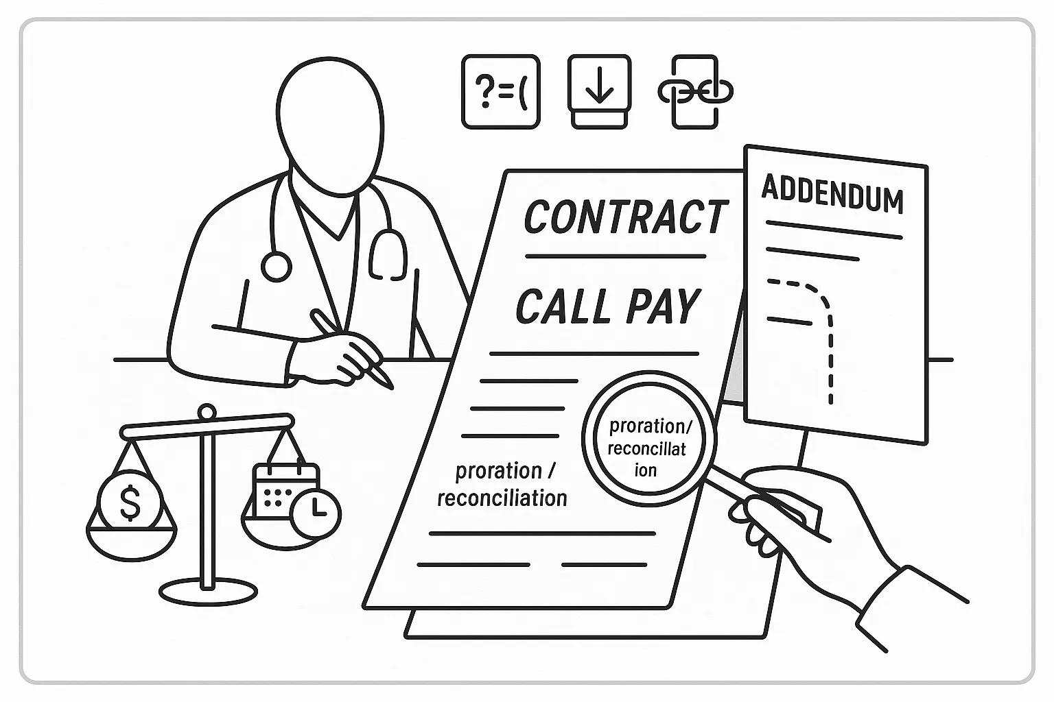 A PA reviewing a contract with magnifying glass, scale, clock, and addendum.